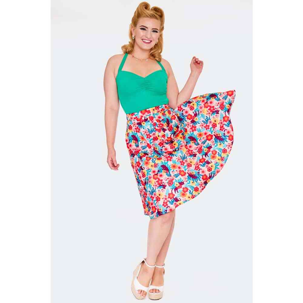 Voodoo Vixen - Floral Cat Print Flare Jupe - Multicolore